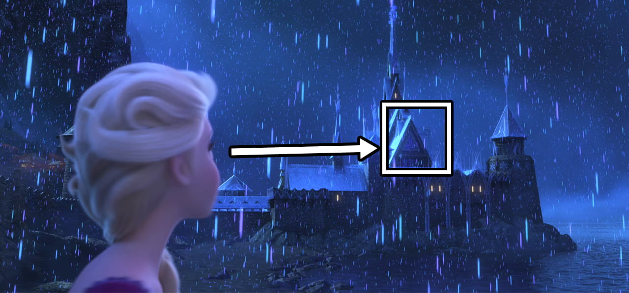 Elsa staring at Arendelle castle balcony