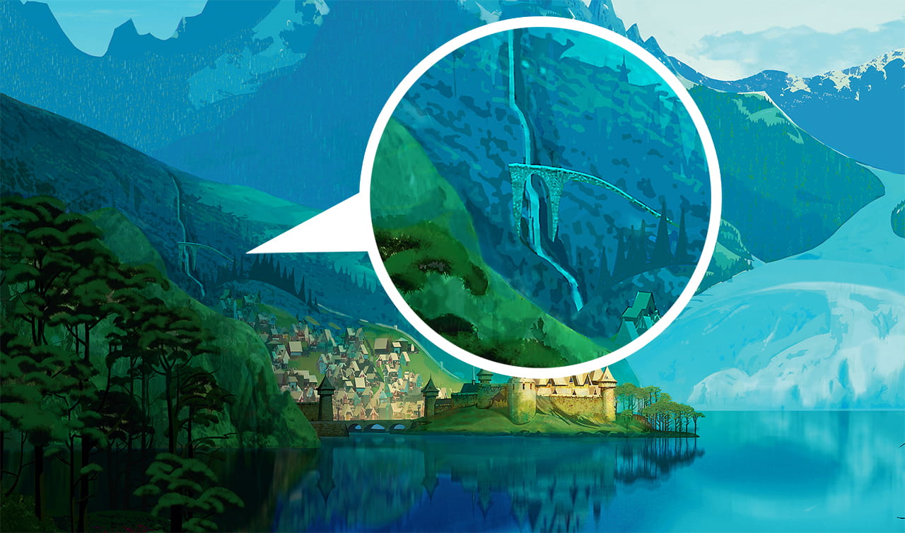 The location of the bridge on the upper side of the waterfall