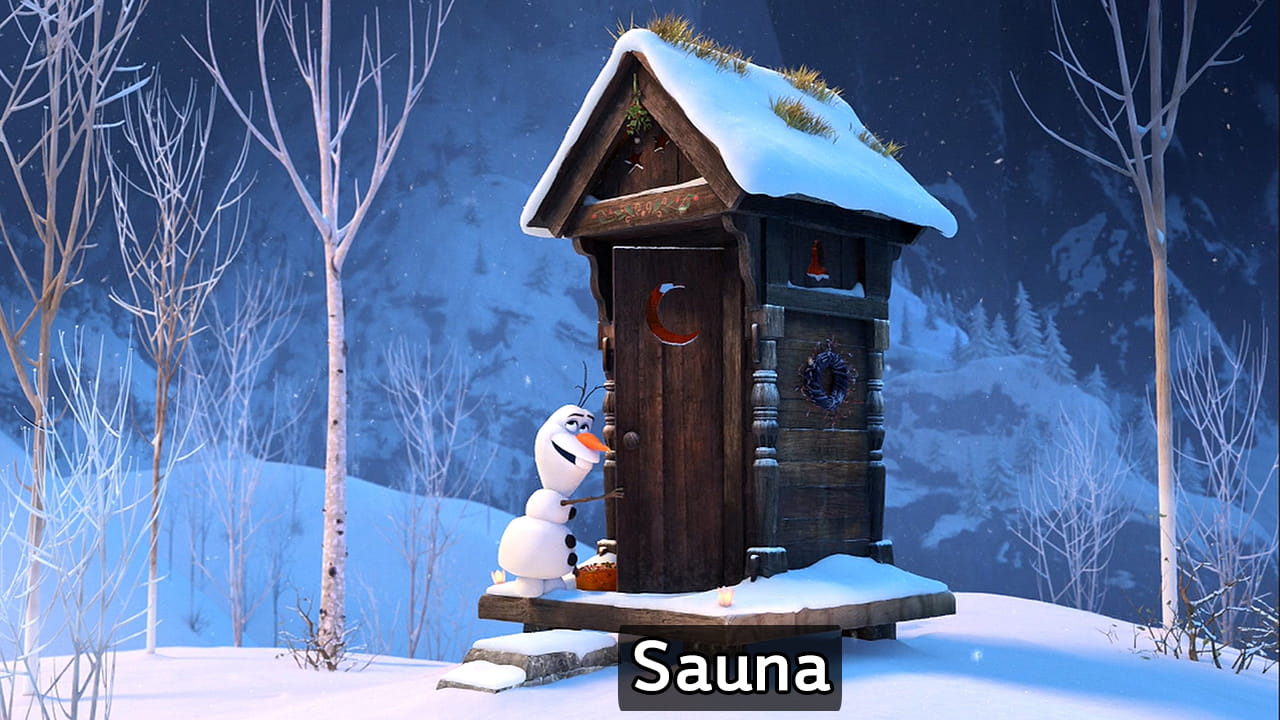 Olaf leaving the fruitcake in the sauna