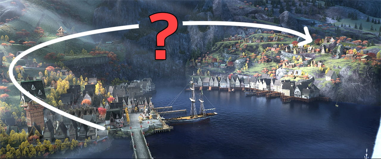 폭포 때문에 반대편으로 넘어가지 못하는 것을 묘사