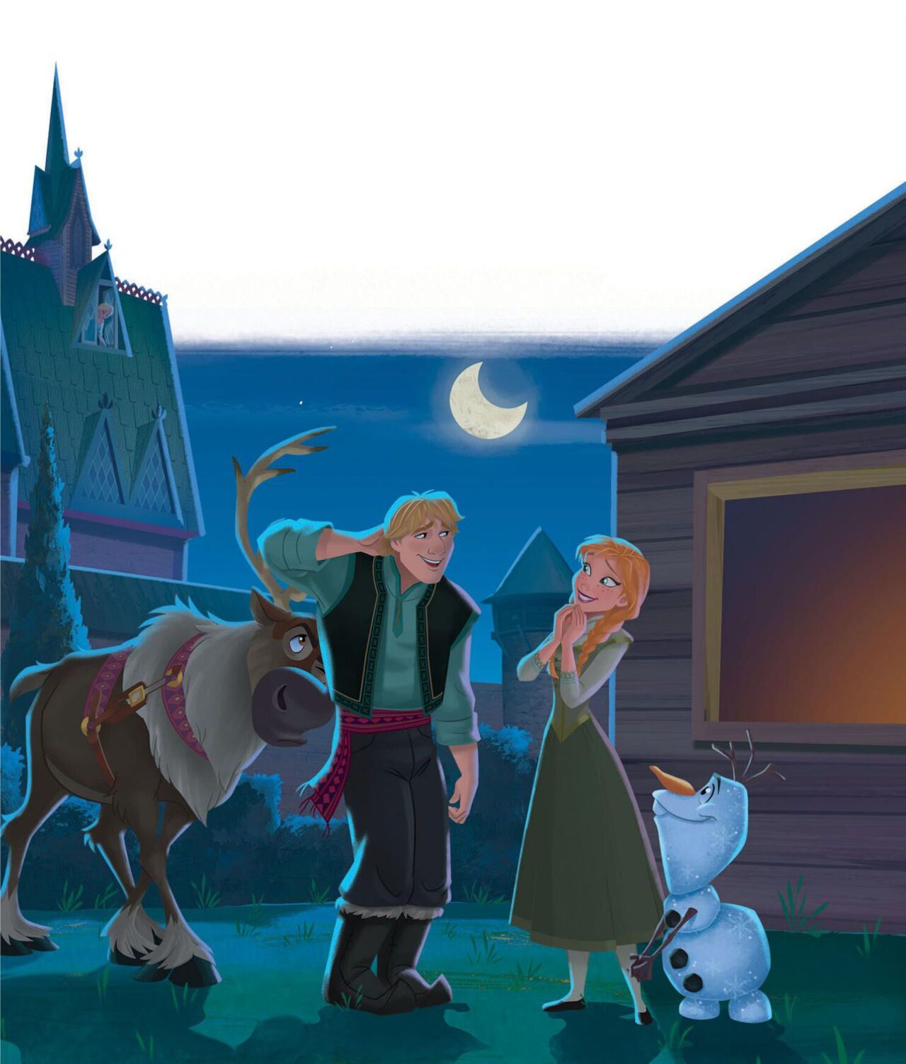 크리스토프에게 생일이 뭔지 물어보는 안나와 그걸 위에서 지켜보는 엘사