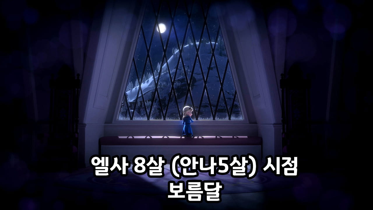 방 안에 혼자있는 8살 엘사가 창 밖을 바라보는 장면