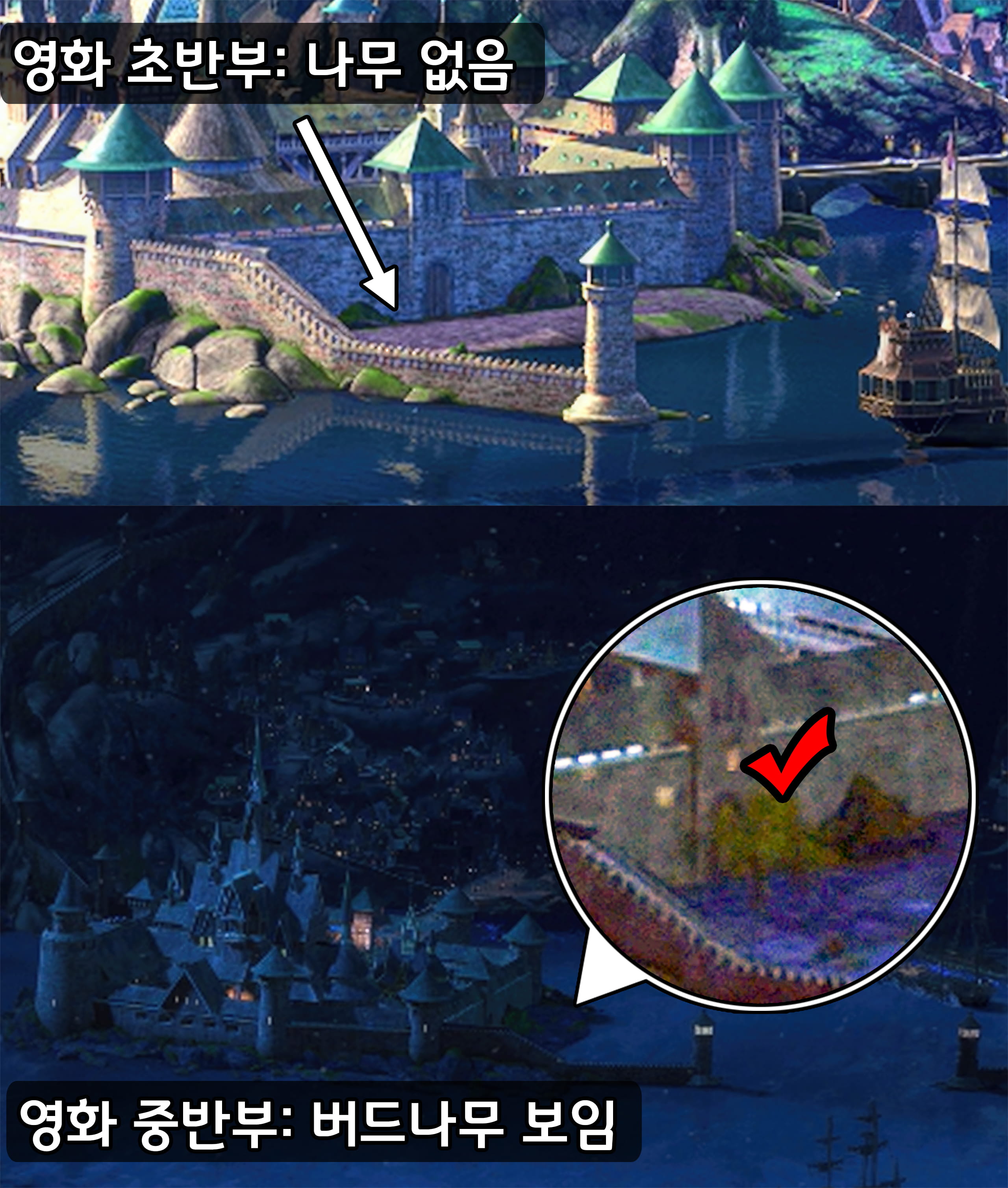 영화 초반부와 중반부의 아렌델 정원모습 비교